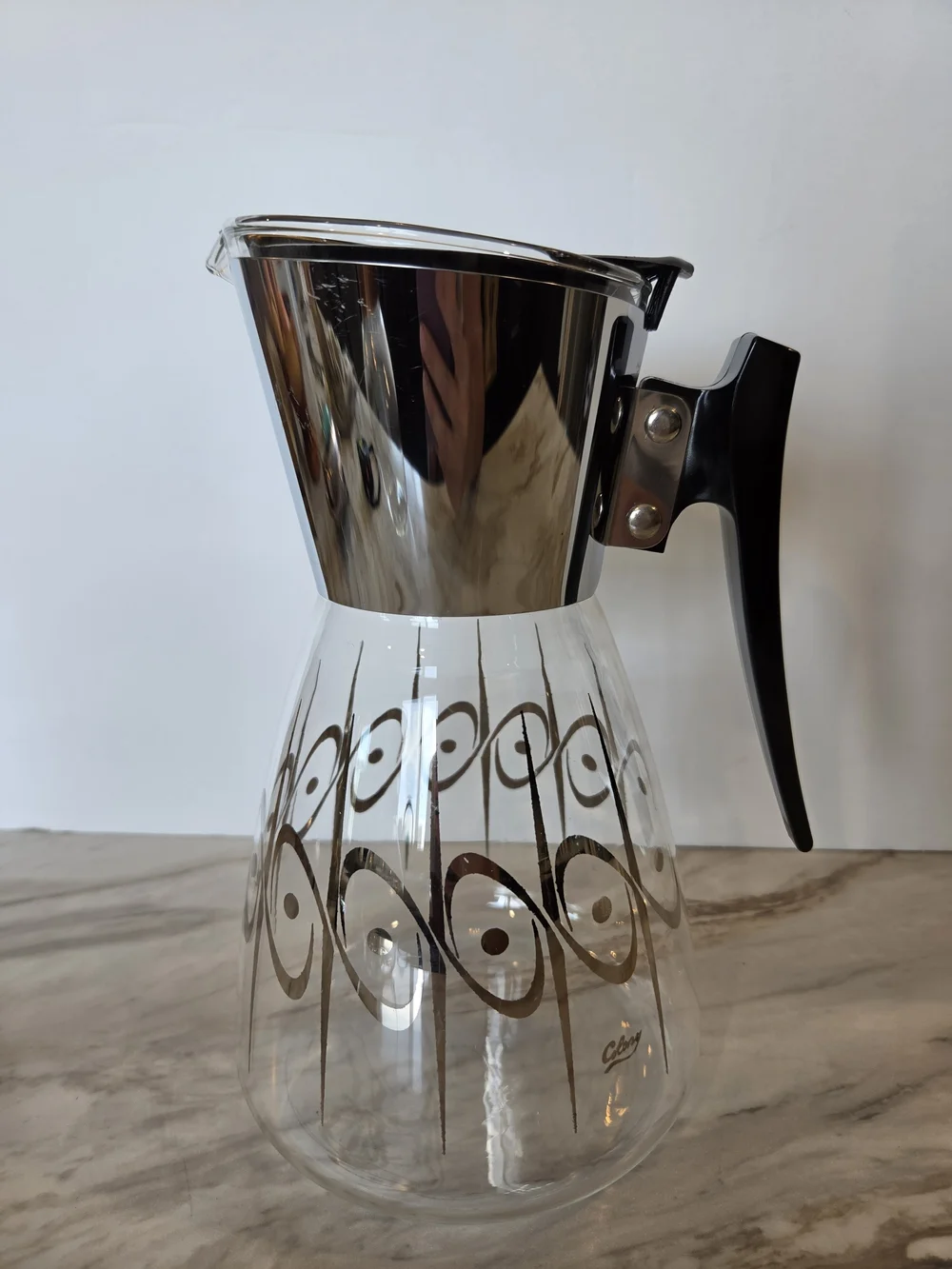 Vintage Colony Glass Coffee Carafe with Silver Accents and Black Handle
